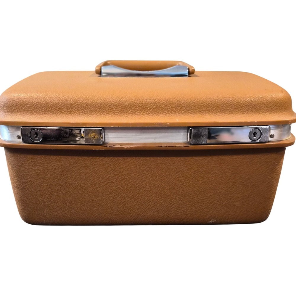 VTG JCPenney Aspen Samsonite Train Case Tan Hard Shell Vanity Makeup Box Mirror